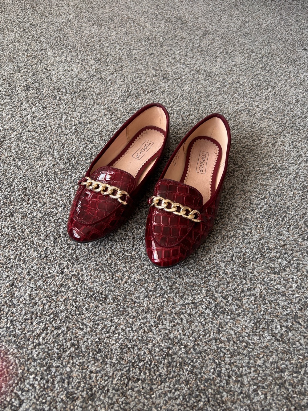 Topshop Burgundy Croc-Embossed Loafers with Gold Chain